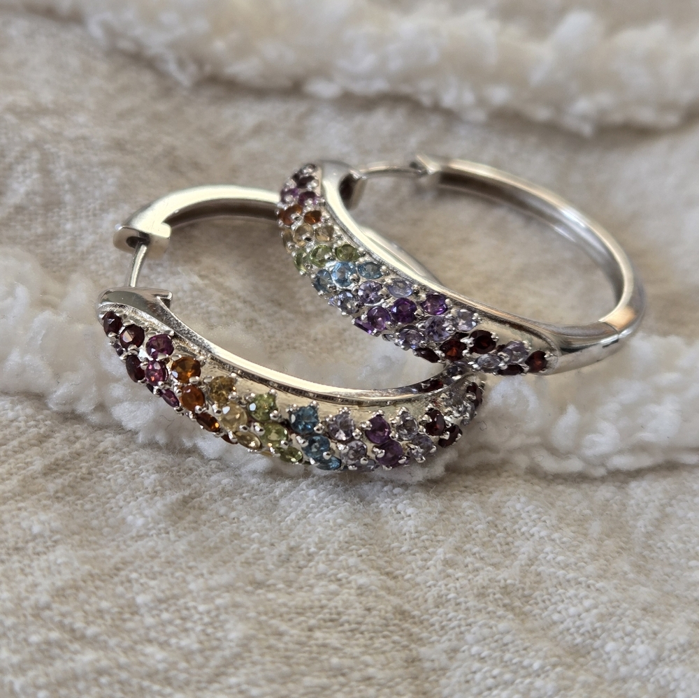 Sterling Silver Multicolor Gemstone Hoop Earrings